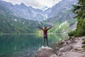 Young tourist girl on Lake Morskie Oko Sea Eye, Zakopane, Poland, High Tatras