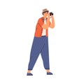 Young tourist holding camera and taking photo during sightseeing. Man shooting at trip. Travel photographer. Flat vector