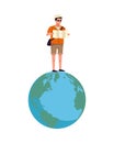 Young tourist man reading map in earth planet character