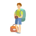 Young tourist man standing with big tourist backpack and holding camera in his hand. Colorful cartoon character Royalty Free Stock Photo