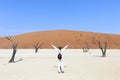 A young tourist with open arms at Deadvlei, Sossusvlei. Namibia, Africa Royalty Free Stock Photo