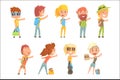 Young tourist people wearing comfy travel outfit standing with a sign hitchhiking, travelling by autostop cartoon vector