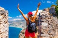 Young tourist woman look at ruins in Alanya peninsula, Antalya district, Turkey, Asia. Famous tourist destination with high Royalty Free Stock Photo