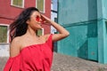 Young Tourist Woman In Old Italian colorful Town