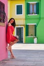 Young Tourist Woman In Old Italian colorful Town