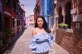 Young Tourist Woman In Old Italian colorful Town