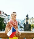 Young tourist woman in Prague Czech Republic with Czech flag Royalty Free Stock Photo