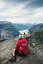 Trolltunga, view on troll tongue reef over the lake. Beautiful nature. Tourist popular place. Ringedalsvatnet, Odda, Norway Royalty Free Stock Photo