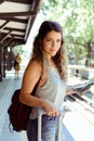 Woman with suitcase waiting the train Royalty Free Stock Photo