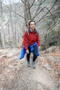 Young tourist woman walking in Spanish Pyrenees mountain in autumn Royalty Free Stock Photo