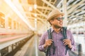 Young traveler man at platform train station. Traveling concept Royalty Free Stock Photo