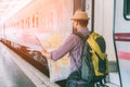 Young traveler man at platform train station. Traveling concept Royalty Free Stock Photo