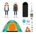 The young traveler. Set of Camping icons and elements.