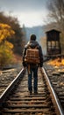 The young traveler, suitcase in hand, ventures down the picturesque railroad