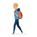 Young traveler takes walk, with backpack behind him, active rest.