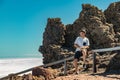 Young traveler on the top. Above the clouds. Aerial view of the National Park Caldera de Taburiente, volcanic crater seen from