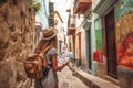 Young traveler woman alone in a narrow alley trying orientate. Travel concept