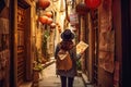 Young traveler woman alone in a narrow alley trying orientate. Travel concept