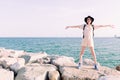 Young traveler woman smiling happy with open arms Royalty Free Stock Photo