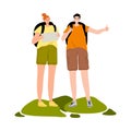 Young travelers with backpacks standing, hitch-hiking and looking at map