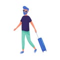 Young Traveling Bearded Man Walking and Pulling Luggage Vector Illustration