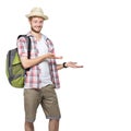 Young traveling man presenting