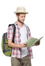 Young traveling man reading map