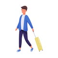 Young Traveling Man Walking and Pulling Luggage Vector Illustration