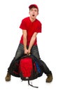 The young traveller with backpack isolated on