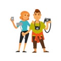 Young travelling couple with cameras and selfie stick