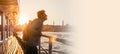 A young travelling man on a ferry floats to the shores of Istanbul, Royalty Free Stock Photo