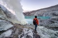 Young travler looking crater blue lake at Kawah Ijen, Indonesia