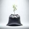 Young tree sits in soil filled plastic bag, isolated against white