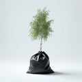 Young tree sits in soil filled plastic bag, isolated against white