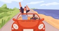Young trendy happy hipster couple in love having trip along country road by red cabriolet. Laughing dancing stylish girl Royalty Free Stock Photo