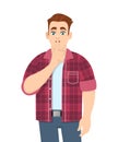 Young trendy man asking silence. Stylish person keeping finger on lips. Keep quiet! Please be silent! Male character gesturing. Royalty Free Stock Photo