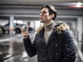 Confident man on parking setting car alarm Royalty Free Stock Photo