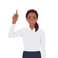 Young trendy woman pointing finger up. Happy stylish girl showing index finger. Female character illustration design. New idea, Royalty Free Stock Photo