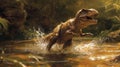 A young TRex bounds through a stream splashing and frolicking with enthusiasm