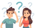 Young troubled couple. Confused woman and man thinking together. People with question marks vector illustration