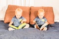 Young Twin Boys Sitting Together Looking at Books