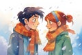 young twosome sharing a scarf, watching snowfall Royalty Free Stock Photo