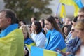 Young Ukrainian woman at a rally in support of Ukraine on Habima Square in Tel Aviv