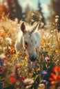 A young unicorn foal playing in a field of wildflowers, a sunny meadow with a variety of colorful flowers, soft, warm