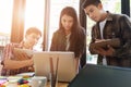 young university students studying with computer and tablet in c Royalty Free Stock Photo