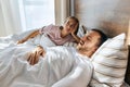 Sleeping snoring man lying in bed Royalty Free Stock Photo