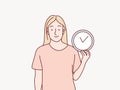 Young unsure woman holding a clock simple korean style illustration