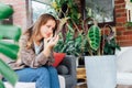 Young upset, sad woman holding dried dead foliage of her home plant Calathea. Houseplants diseases. Diseases Disorders Royalty Free Stock Photo