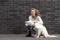 Young urban girl caresses a dog on the street against a wall, a woman walks a retriever puppy and hugs him Royalty Free Stock Photo