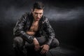 Young Vampire Man in an Open Black Leather Jacket Royalty Free Stock Photo